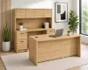 71-inch executive bow front desk with matching storage credenza, overhead hutch, and locking file drawers in a modern executive office.