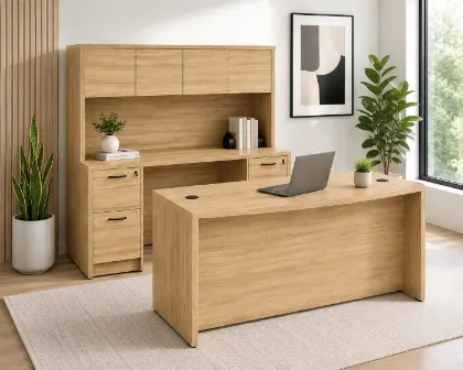 71-inch executive bow front desk with matching storage credenza, overhead hutch, and locking file drawers in a modern executive office.