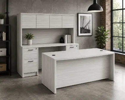 71-inch executive bow front desk with matching storage credenza, overhead hutch, and locking file drawers in a modern executive office.