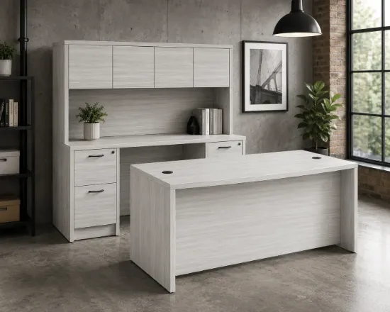 71-inch executive bow front desk with matching storage credenza, overhead hutch, and locking file drawers in a modern executive office.