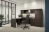 Executive L-shaped office suite featuring a bow front desk, overhead hutch, wardrobe storage cabinet, locking file drawers, and commercial laminate construction.