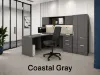 	Executive L-shaped office suite featuring a bow front desk, overhead hutch, wardrobe storage cabinet, locking file drawers, and commercial laminate construction.