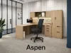 	Executive L-shaped office suite featuring a bow front desk, overhead hutch, wardrobe storage cabinet, locking file drawers, and commercial laminate construction.