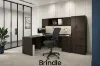 	Executive L-shaped office suite featuring a bow front desk, overhead hutch, wardrobe storage cabinet, locking file drawers, and commercial laminate construction.