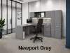 Executive L-shaped office suite featuring a bow front desk, overhead hutch, wardrobe storage cabinet, locking file drawers, and commercial laminate construction.