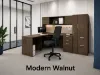 Executive L-shaped office suite featuring a bow front desk, overhead hutch, wardrobe storage cabinet, locking file drawers, and commercial laminate construction.