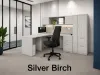 Executive L-shaped office suite featuring a bow front desk, overhead hutch, wardrobe storage cabinet, locking file drawers, and commercial laminate construction.