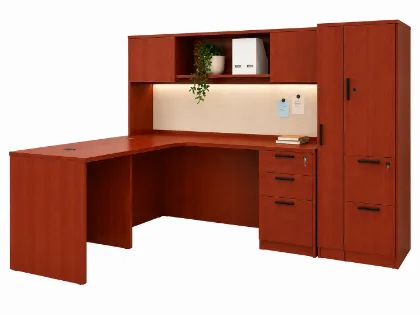 Executive L-shaped office suite featuring a bow front desk, overhead hutch, wardrobe storage cabinet, locking file drawers, and commercial laminate construction.