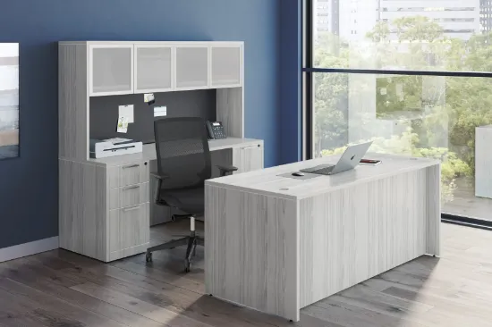 71-inch executive desk with matching storage credenza, glass door hutch, and locking file drawers in a modern executive office.