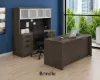 71-inch executive desk with matching storage credenza, glass door hutch, and locking file drawers in a modern executive office.