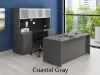 	71-inch executive desk with matching storage credenza, glass door hutch, and locking file drawers in a modern executive office.