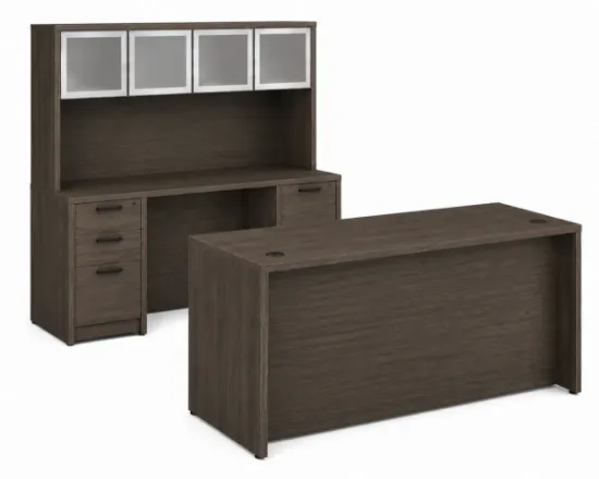 	71-inch executive desk with matching storage credenza, glass door hutch, and locking file drawers in a modern executive office.