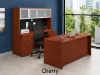 	71-inch executive desk with matching storage credenza, glass door hutch, and locking file drawers in a modern executive office.