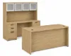 	71-inch executive desk with matching storage credenza, glass door hutch, and locking file drawers in a modern executive office.