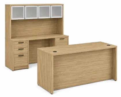 	71-inch executive desk with matching storage credenza, glass door hutch, and locking file drawers in a modern executive office.