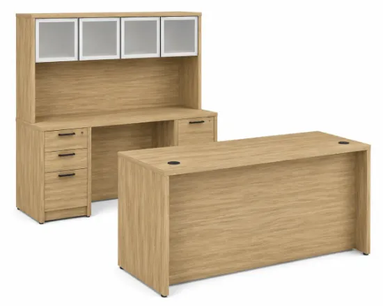 	71-inch executive desk with matching storage credenza, glass door hutch, and locking file drawers in a modern executive office.