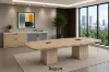 10-foot executive conference table with matching storage credenza featuring glass doors in a modern boardroom.