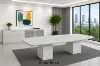 10-foot executive conference table with matching storage credenza featuring glass doors in a modern boardroom.
