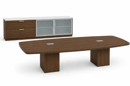 executive conference table with matching storage credenza featuring glass doors in a modern boardroom.