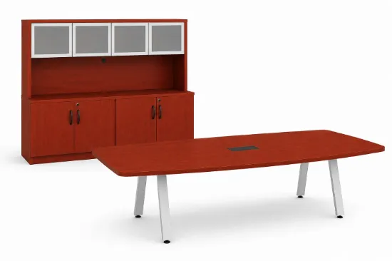 Modern executive conference table with powder-coated metal legs and matching storage credenza featuring a glass door hutch in a professional boardroom.