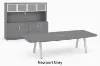 Modern executive conference table with powder-coated metal legs and matching storage credenza featuring a glass door hutch in a professional boardroom.