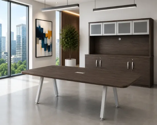 Modern executive conference table with powder-coated metal legs and matching storage credenza 