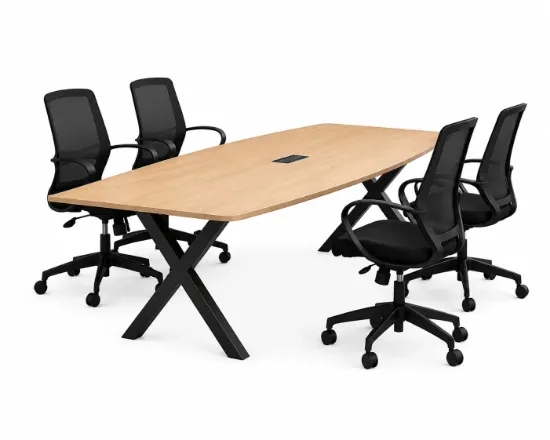 Executive boat-shaped conference table with powder-coated metal X base and Orion mesh conference chairs in a modern boardroom.
