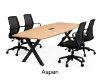 Executive boat-shaped conference table with powder-coated metal X base and Orion mesh conference chairs in a modern boardroom.