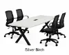 Executive boat-shaped conference table with powder-coated metal X base and Orion mesh conference chairs in a modern boardroom.