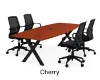 Executive boat-shaped conference table with powder-coated metal X base and Orion mesh conference chairs in a modern boardroom.