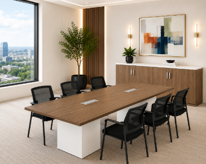 	Executive conference room suite with cube conference table, leather conference chairs, and locking storage credenza