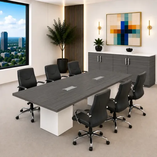 	Executive conference room suite with cube conference table, leather conference chairs, and locking storage credenza