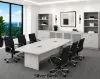 Executive boardroom furniture suite with boat-shaped conference table, upholstered conference chairs, and 142-inch executive storage wall