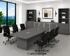 	Executive boardroom furniture suite with boat-shaped conference table, upholstered conference chairs, and 142-inch executive storage wall