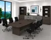 	Executive boardroom furniture suite with boat-shaped conference table, upholstered conference chairs, and 142-inch executive storage wall