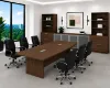 Executive boardroom furniture suite with boat-shaped conference table, upholstered conference chairs, and 142-inch executive storage wall