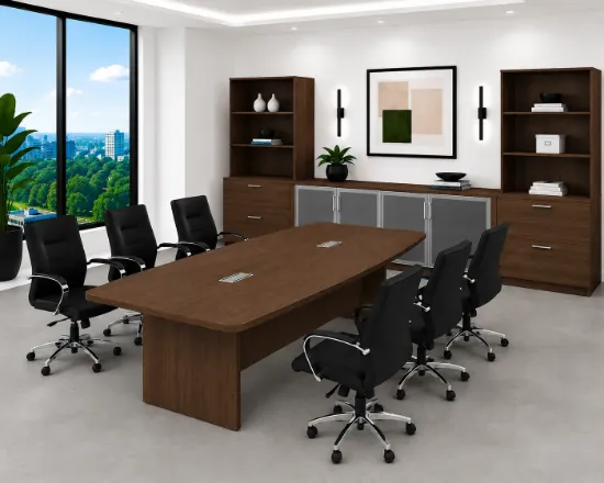 Executive boardroom furniture suite with boat-shaped conference table, upholstered conference chairs, and 142-inch executive storage wall