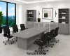 Executive boardroom furniture suite with boat-shaped conference table, upholstered conference chairs, and 142-inch executive storage wall