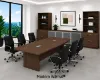 	Executive boardroom furniture suite with boat-shaped conference table, upholstered conference chairs, and 142-inch executive storage wall