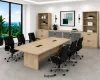 	Executive boardroom furniture suite with boat-shaped conference table, upholstered conference chairs, and 142-inch executive storage wall