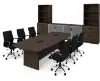 Executive boardroom furniture suite with boat-shaped conference table, chairs, and credenza