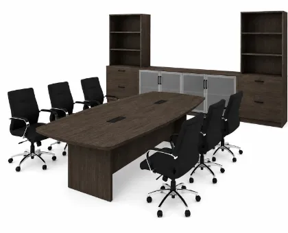Executive boardroom furniture suite with boat-shaped conference table, chairs, and credenza
