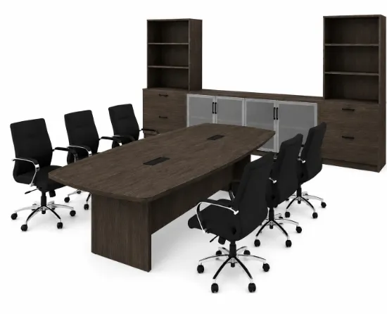 Executive boardroom furniture suite with boat-shaped conference table, chairs, and credenza