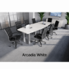 Modern conference room furniture set with boat shaped conference table, locking storage credenza, and black leather conference chairs.
