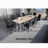 Modern conference room furniture set with boat shaped conference table, locking storage credenza, and black leather conference chairs.