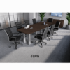 	Modern conference room furniture set with boat shaped conference table, locking storage credenza, and black leather conference chairs.