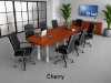 	Modern conference room furniture set with boat shaped conference table, locking storage credenza, and black leather conference chairs.