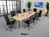 	Modern conference room furniture set with boat shaped conference table, locking storage credenza, and black leather conference chairs.