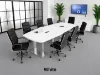 	Modern conference room furniture set with boat shaped conference table, locking storage credenza, and black leather conference chairs.