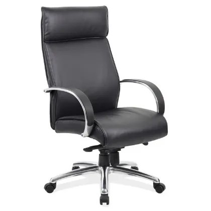 Executive high back office chair with polished chrome frame, premium black upholstery, and ergonomic design.